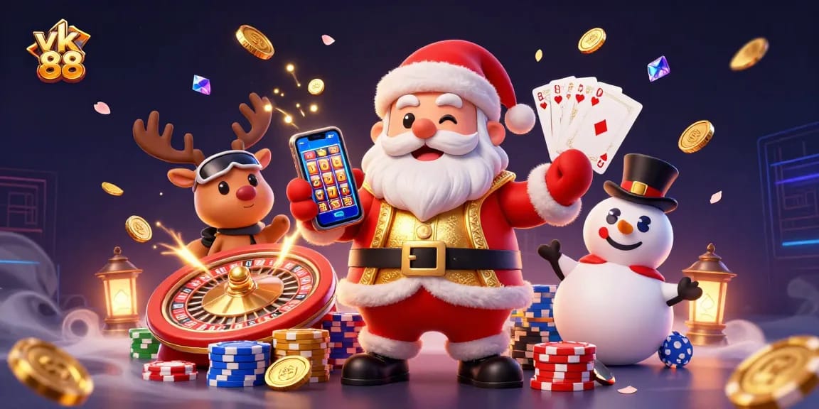 Engage with vk 88 slot action featuring Santa, reindeer, and a snowman in a vibrant casino scene.