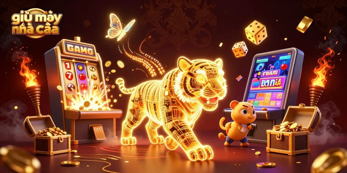 Experience the vibrant world of giải mã nhà cái with a neon tiger and exciting casino elements.
