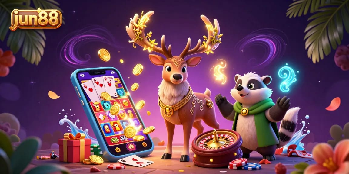 Engage with jun88's thrilling slot game experience featuring a mystical Celtic druid stag amidst vibrant online gaming elements.