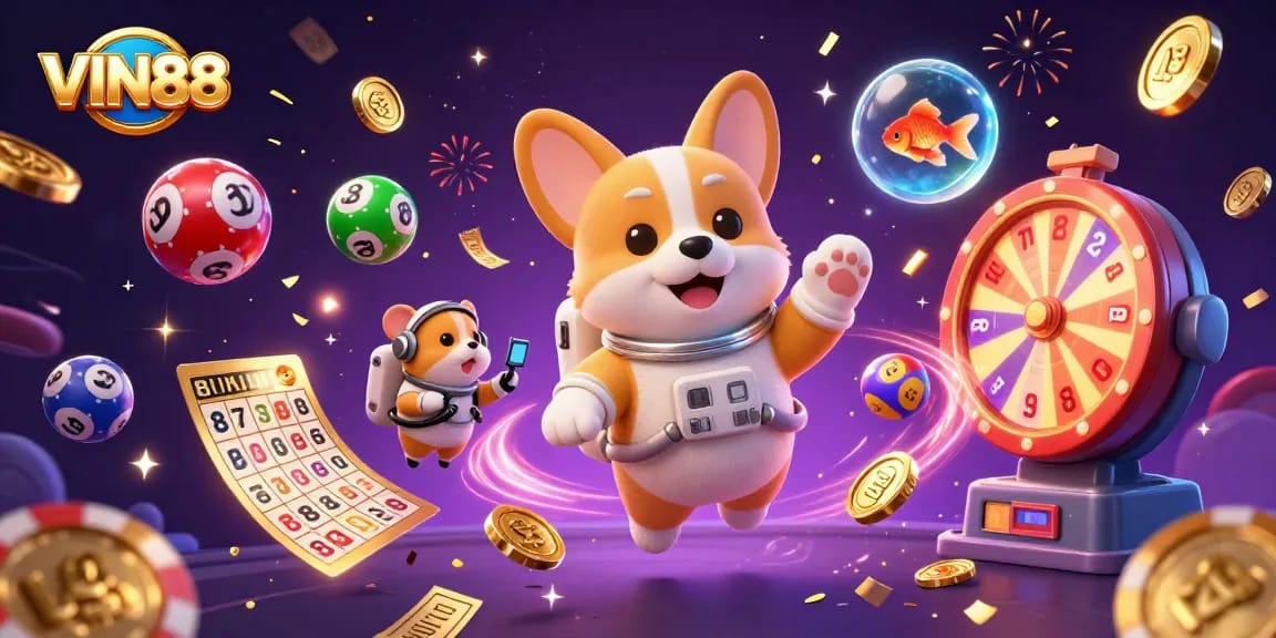 Experience the excitement at VIN88 Casino with floating characters amidst engaging games and vibrant atmospheres.