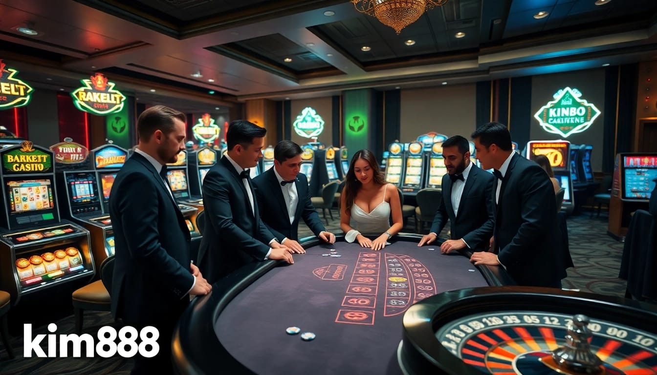 Gambling enthusiasts engaging at the km88 blackjack table surrounded by vibrant slot machines.