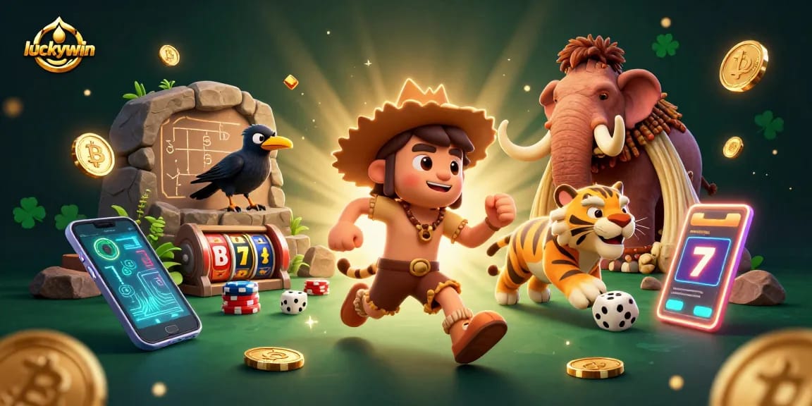 Experience thrilling gameplay with luckywin at a dynamic prehistoric casino illustration.