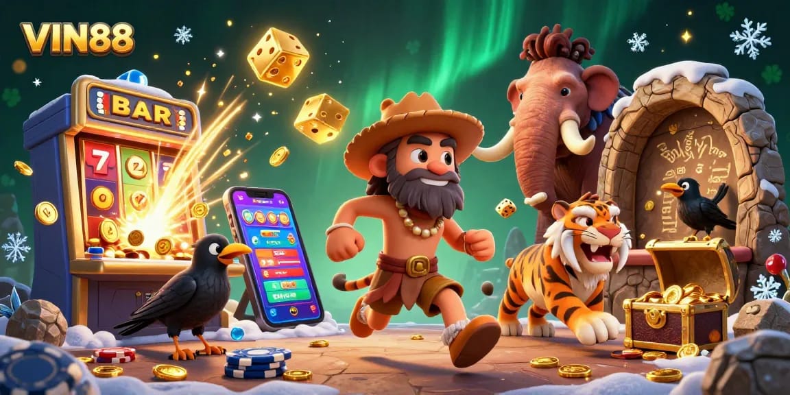 Experience thrilling gameplay at VIN88 with a vibrant 3D casino scene showcasing slots, golden coins, and unique characters.