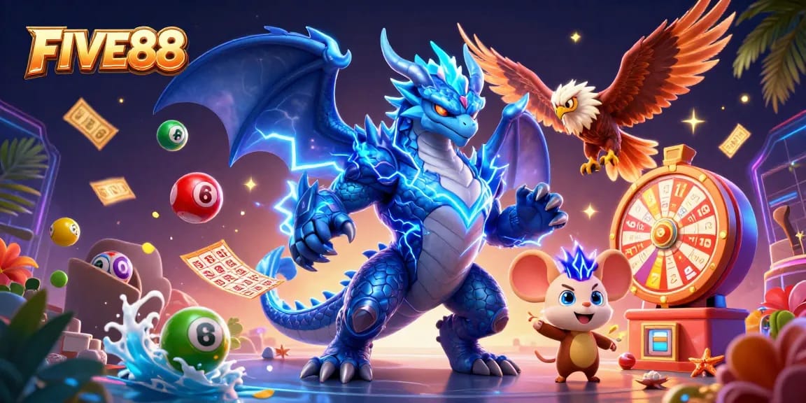 Experience the excitement of FIVE88 with vibrant lottery elements and dynamic characters in a packed casino scene.