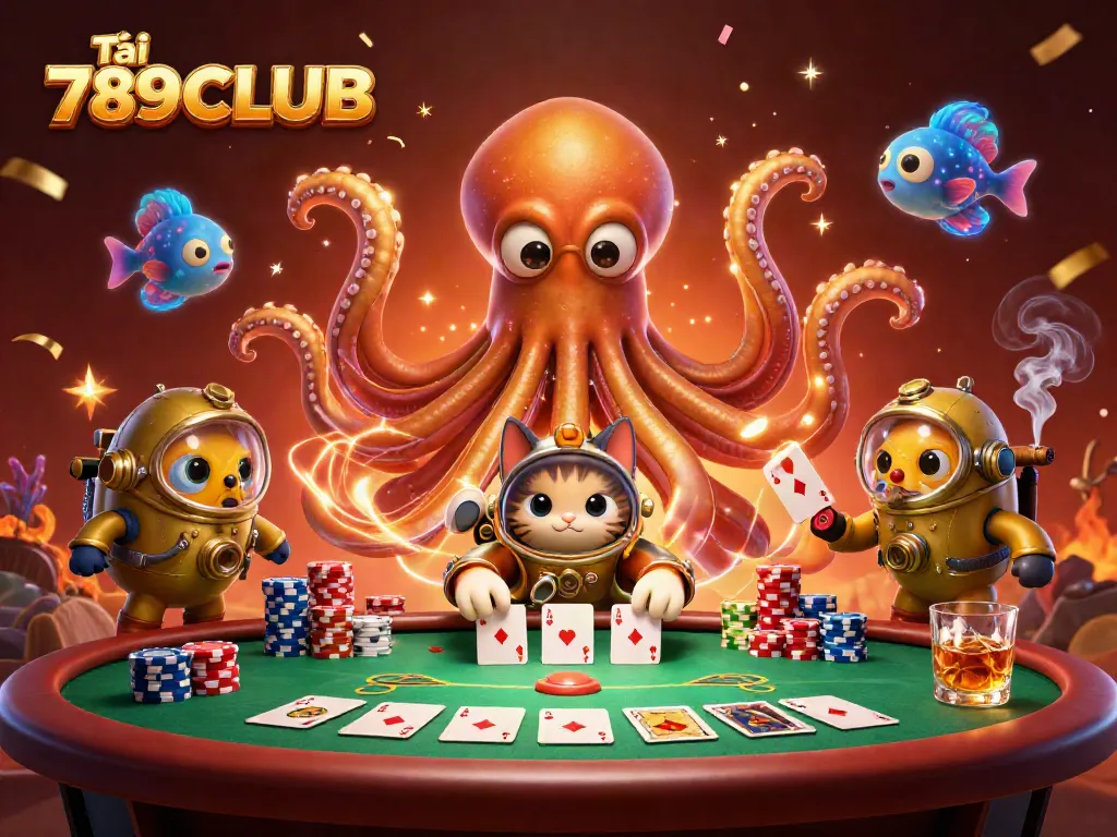 Play the ultimate online casino adventure with Tải 789CLUB featuring a golden kraken, diving cat, and poker elements.