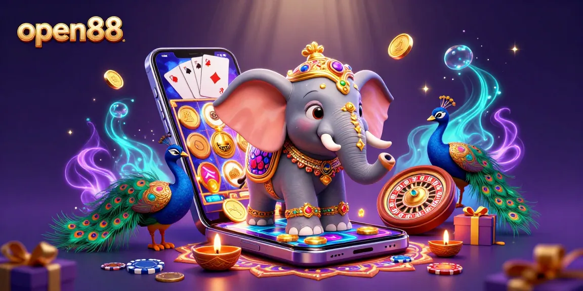 Engage with open88's vibrant slot games illustrated by a lively Diwali-themed scene.