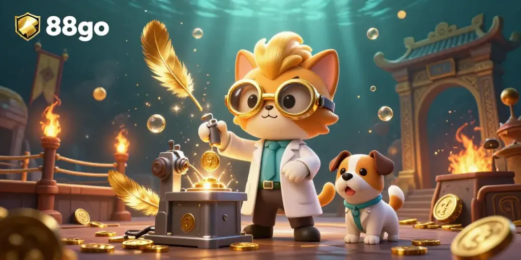 Engage in thrilling gambling action with 88go featuring a dynamic lab scene of a mad scientist cat and his dog assistant crafting gold coins amid vibrant casino elements.