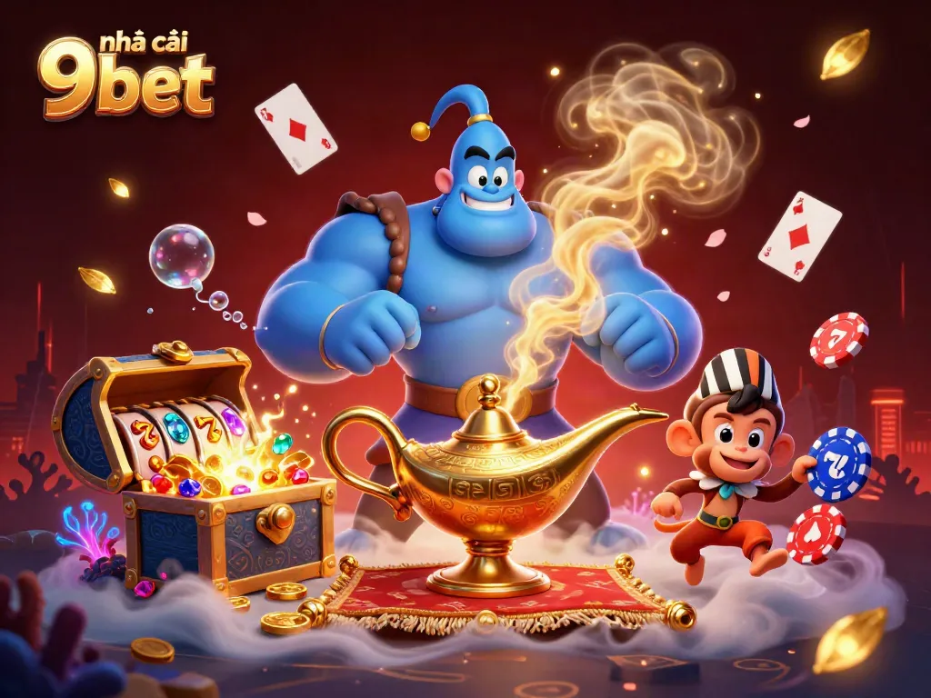 Engaging 3D scene of nhà cái 9bet featuring a genie and a magic carpet surrounded by poker chips and slot symbols.