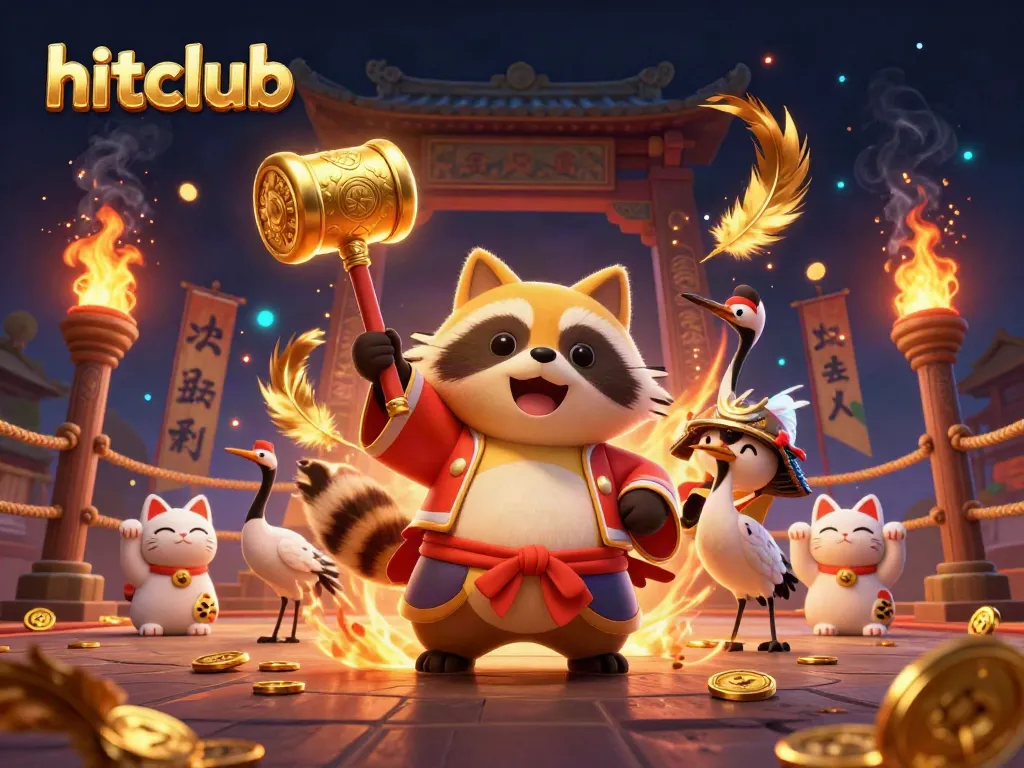 Experience the vibrant world of hitclub in this dynamic 3D illustration featuring traditional Asian elements and cheerful characters.