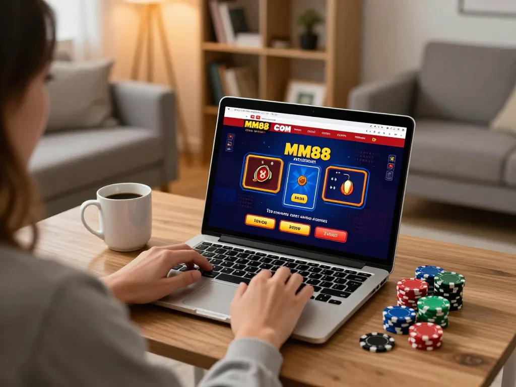 Engaged player enjoying MM88 COM online casino gaming on a laptop in a cozy home setting.