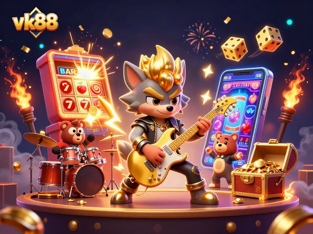 Experience the thrill of vk88 with a vibrant 3D illustration of a casino rock star scene.