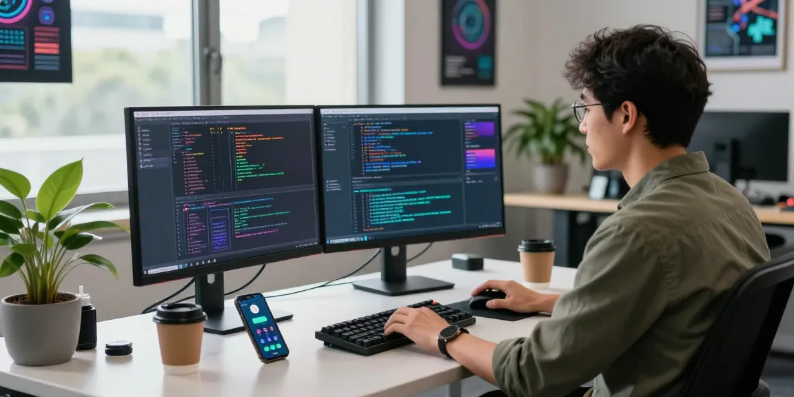 Professional coding environment showcasing the WPS Official Website development process in a modern office.