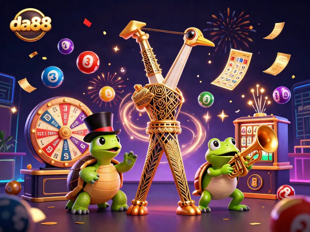 Engage with da88's vibrant casino scene, featuring a flapper crane, turtle, and frog amidst dynamic gambling elements.