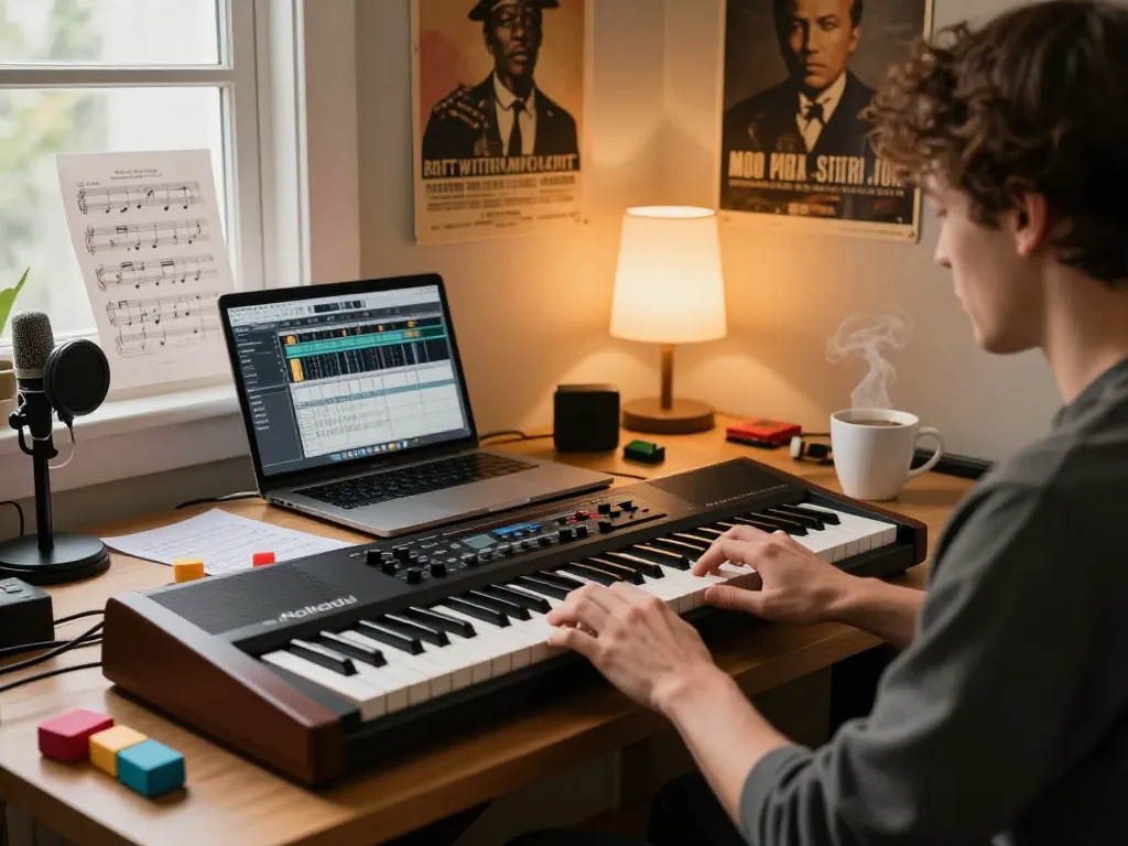 Musician playing the VK88 organ in a warm, inviting home studio