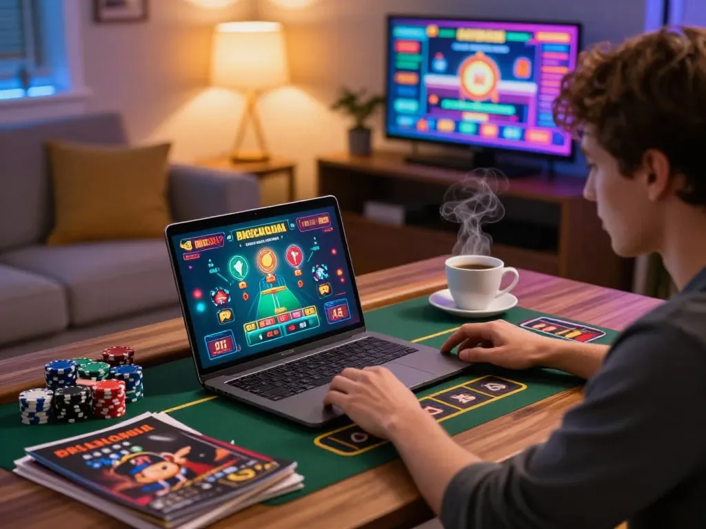 Engaging in online casino games at home using tx88.rent on a laptop with strategy guides nearby.
