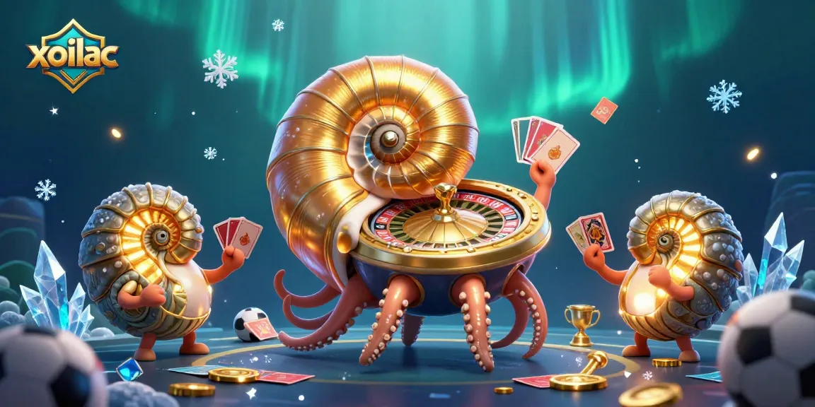 Xoilac sports betting illustration with a giant nautilus roulette wheel and vibrant game elements.