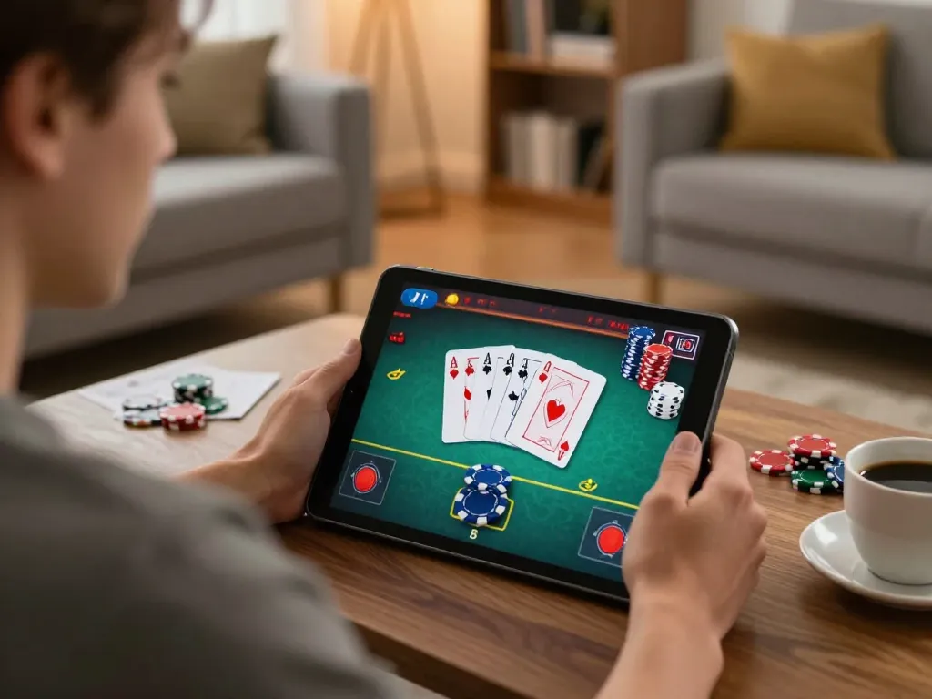 F8bet user engaging in online poker with tablet, cozy home environment showing strategic gameplay.