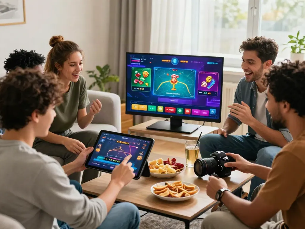 Friends enjoying online betting experience with nbet platform in cozy living room.