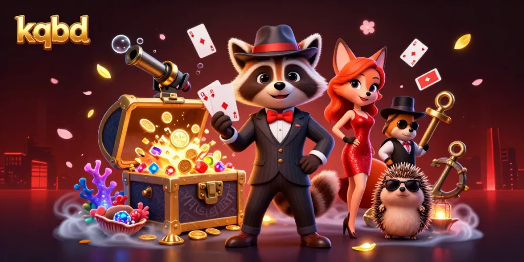 Engage with kqbd's exciting gambling era through a lively 3D cartoon scene featuring charming animal characters.