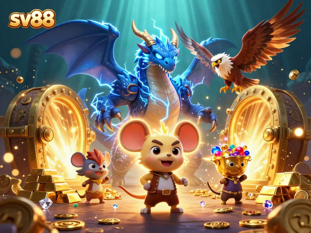 Experience the excitement of sv88 with captivating dragon and hawk amidst treasures in a vivid casino scene.