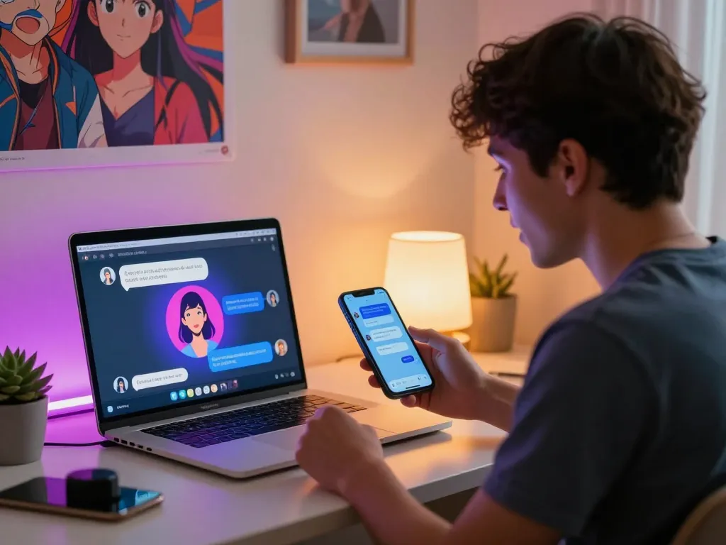 Young user enjoying Crushon AI chat experience with vibrant character interactions in a modern workspace.
