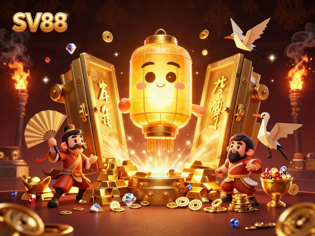 Engage in the lavish world of SV88 with a vibrant 3D illustration showcasing golden treasures and lucky symbols.