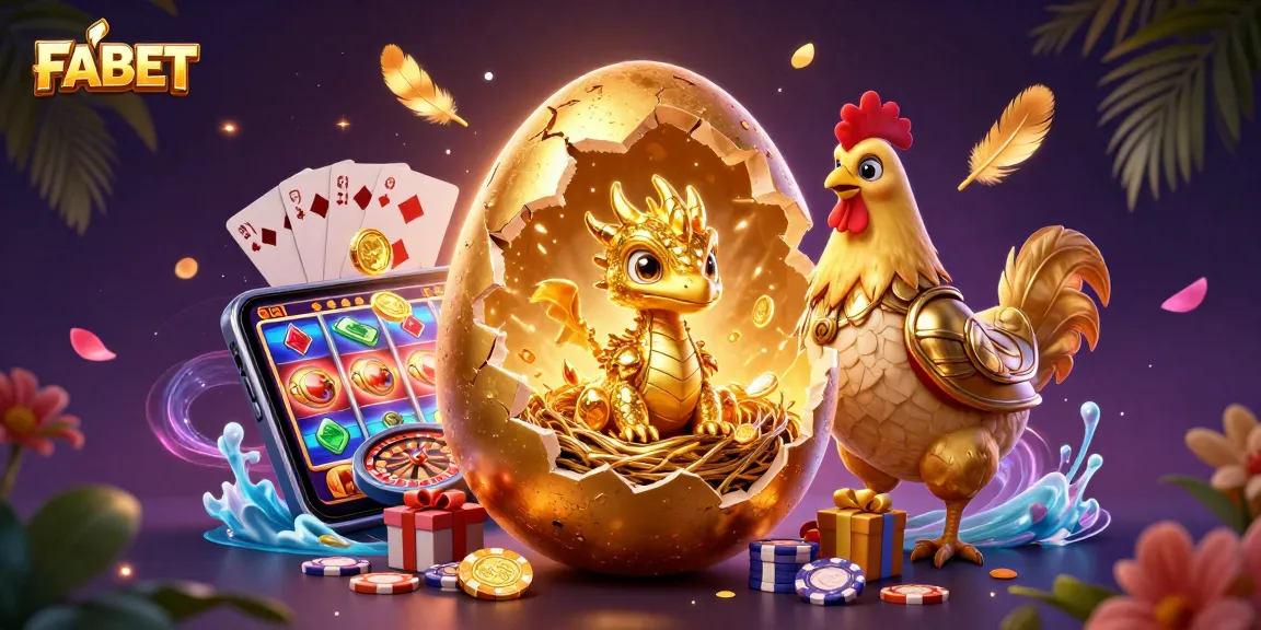 FABET showcases a golden dragon amidst poker chips, smartphones, and vibrant casino elements.