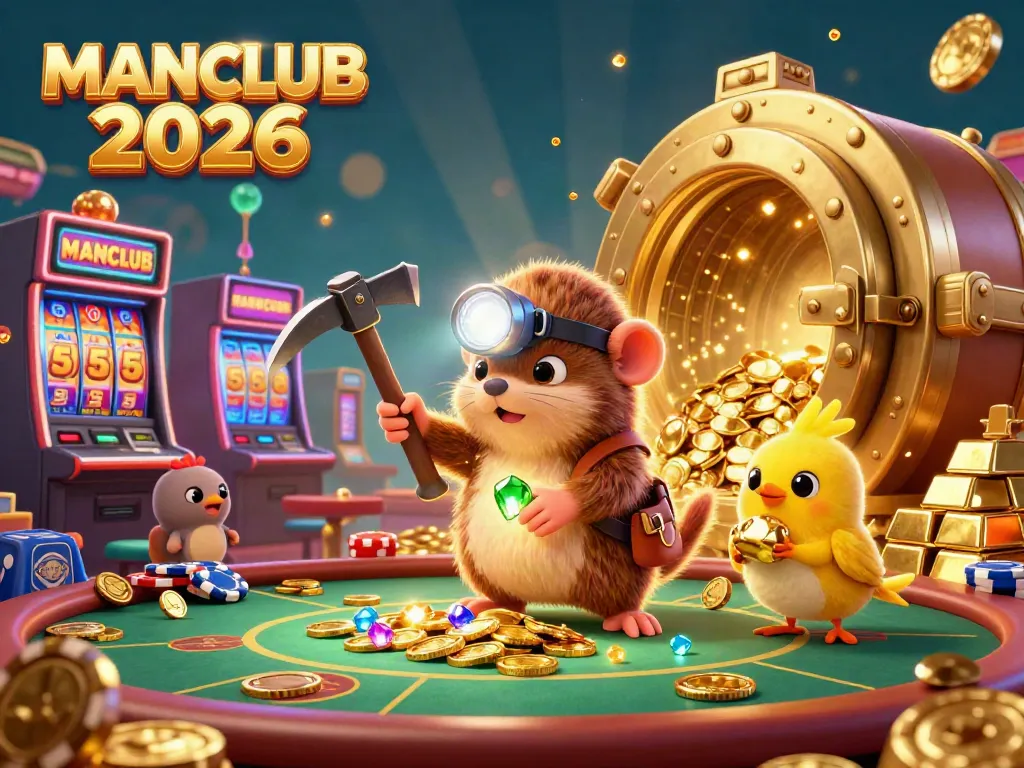 Join the gaming adventure at MANCLUB 2026, featuring an exciting casino scene with a treasure hunter mole collecting gems.