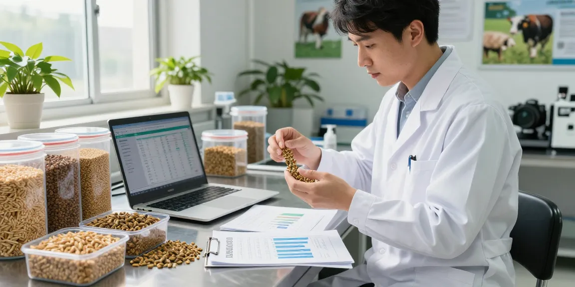 Nutritionist analyzing ROKOK88 animal feed in a modern lab for livestock health.