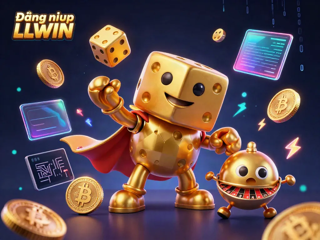 Engage in Đăng nhập LLWIN with an energetic 3D illustration depicting golden dice and crypto elements.