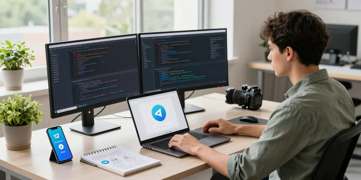 Telegram download showcased in a tech workspace with a developer coding on dual monitors and smartphone.