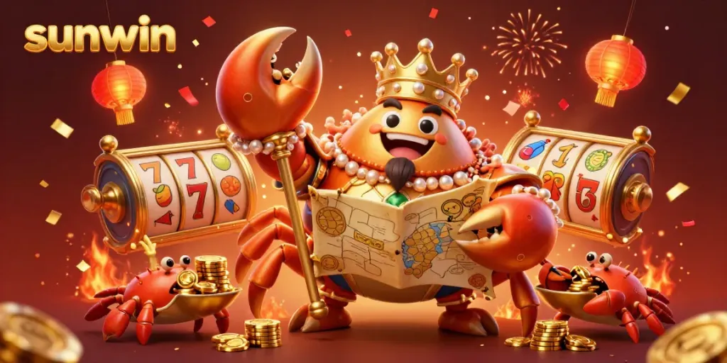 Join the fun with Sunwin's exciting treasure hunt led by a golden crab emperor, surrounded by vibrant casino elements.