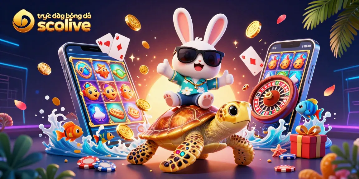 Experience trực tiếp bóng đá socolive with vibrant 3D illustration featuring a lucky rabbit and turtle amidst gaming elements.