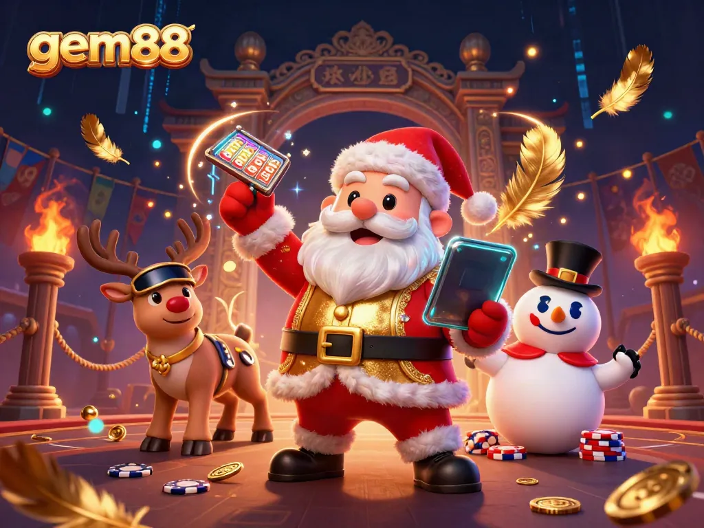 Experience gem88 excitement with Santa, his reindeer dealer, and poker chip snowman in a vibrant casino scene.