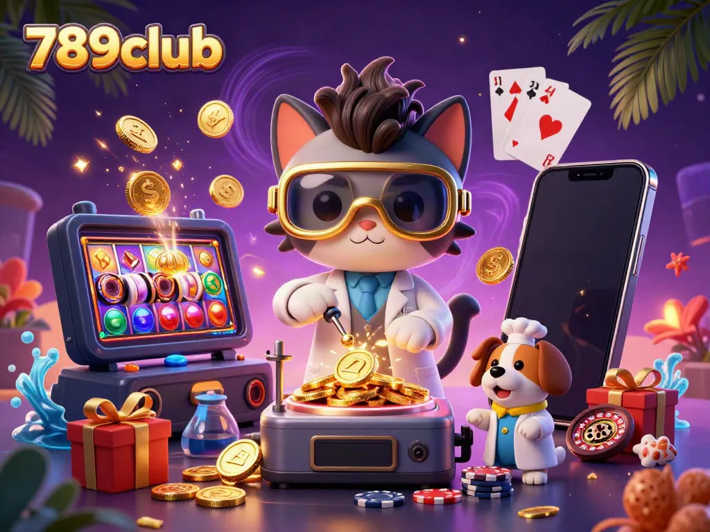 Experience thrilling gameplay with 789club's interactive 3D scene featuring slot games, gold coins, and casino elements.