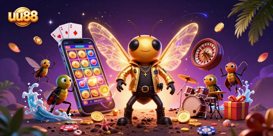 uu88 casino excitement with a rock star cicada, dynamic slot games, and vibrant golden effects