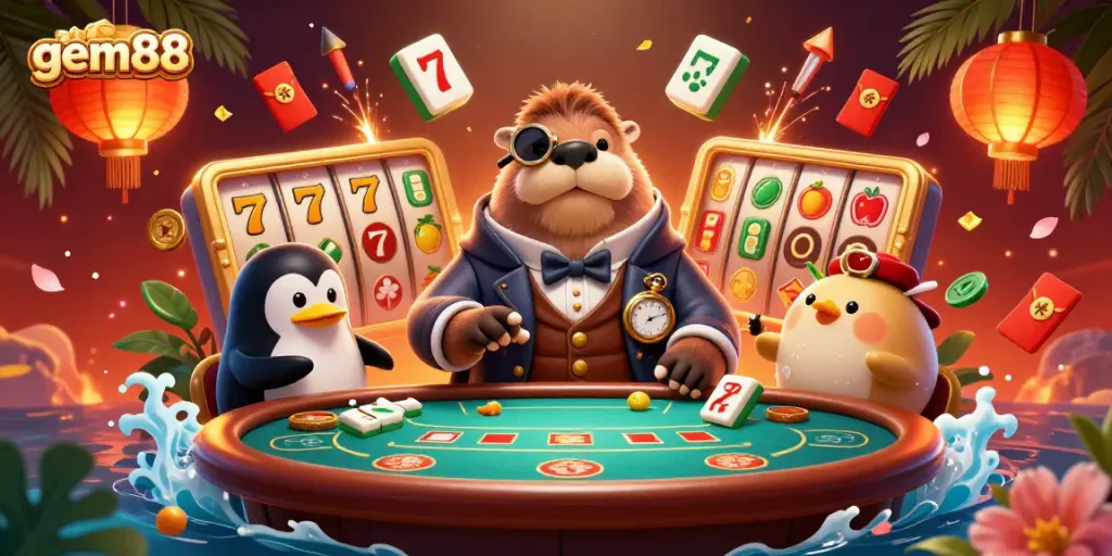 Experience thrilling jackpot action at gem88 with a walrus in Victorian attire at a vibrant poker table.