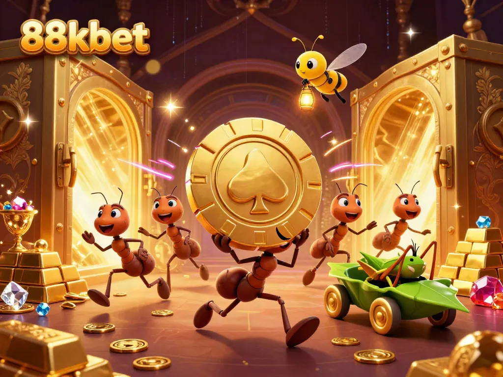 Experience the excitement of playing at 88kbet with cartoon ants running a heist for a giant poker chip.