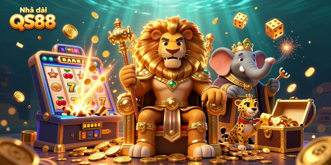 Experience the excitement at Nhà cái QS88 with a vibrant 3D casino scene featuring jackpots and casino themes.