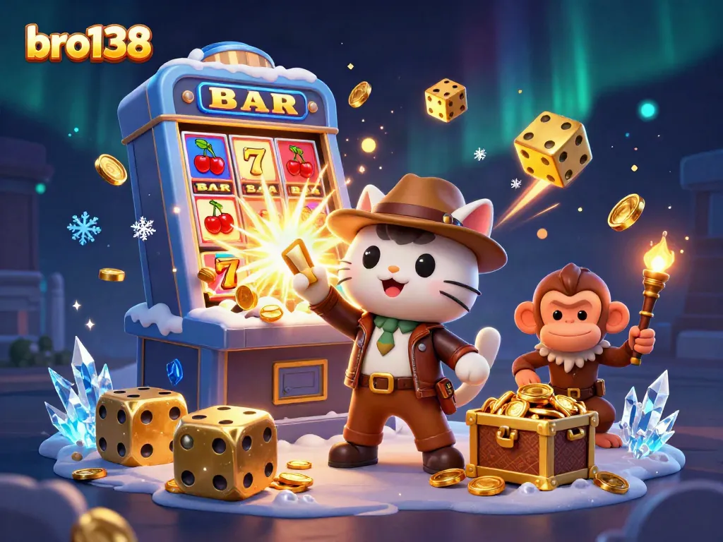 Experience the thrill of bro138 with a dynamic 3D casino scene featuring an explorer cat discovering hidden treasures.