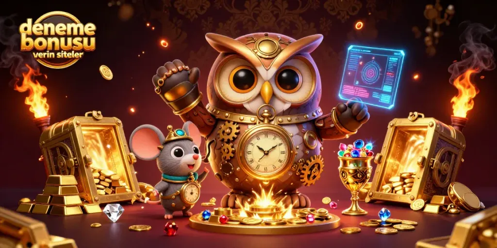 Engaging 3D illustration of deneme bonusu veren siteler scene featuring a time-traveler owl and casino treasures.