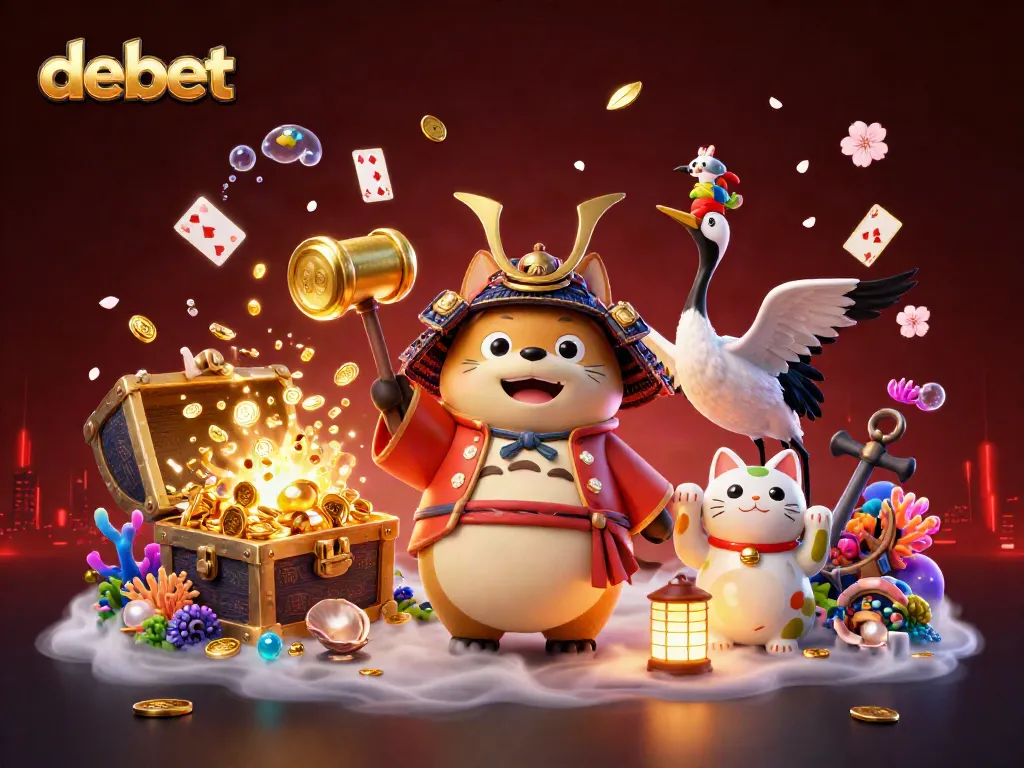 Engage in debet gaming with vibrant casino elements, featuring cheerful characters and dynamic treasures.