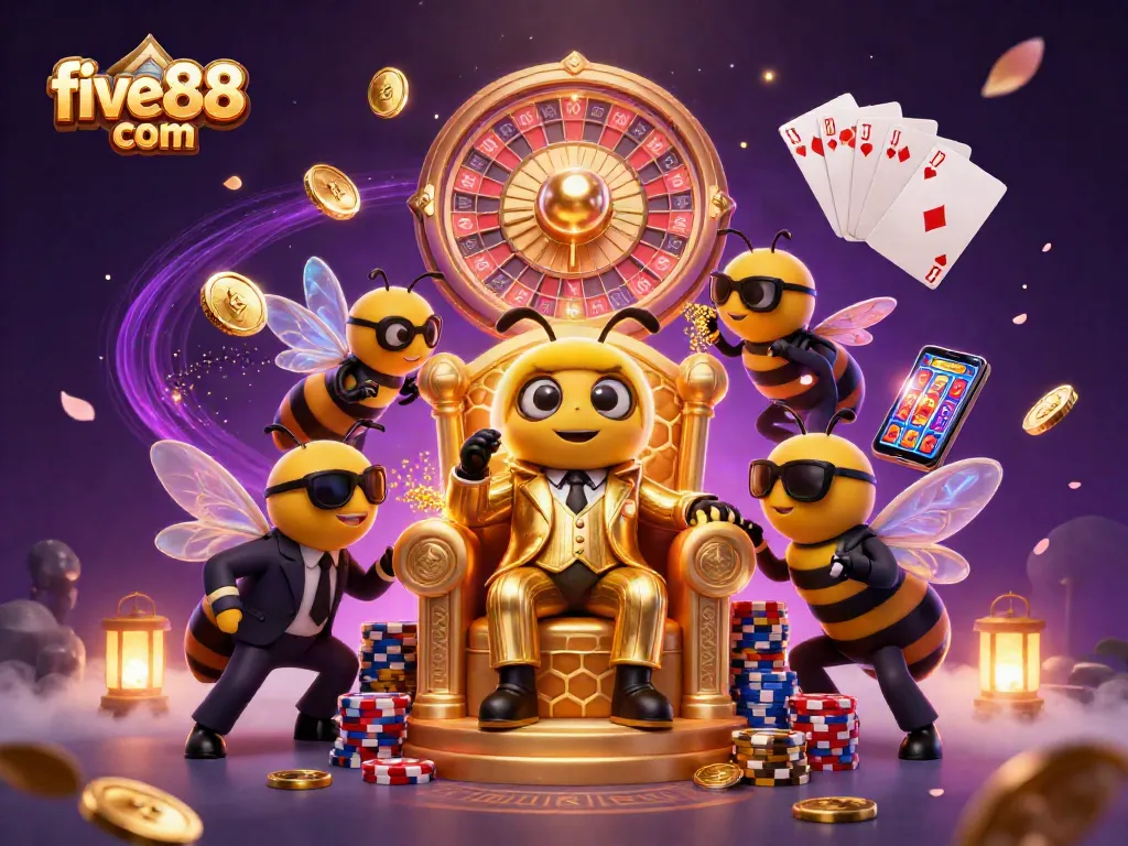 Experience thrilling bets at five88 com with a cartoon bee mob boss amid cascading coins and a roulette scene.