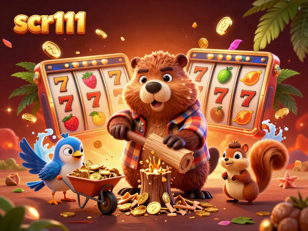 Experience thrilling scr111 gaming with a beaver, bird, and squirrel in a vibrant casino setting.