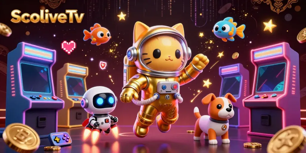 Experience dynamic gaming with SocoliveTv through 3D illustrative representation of space elements, gaming machines, and vibrant characters.