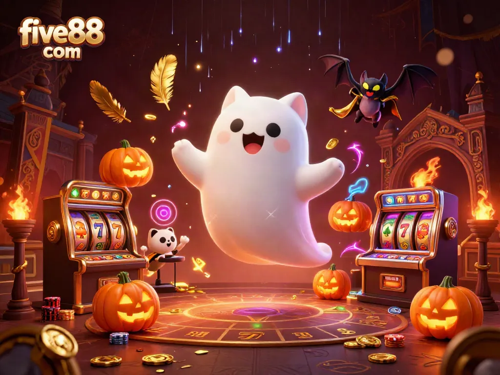 Engage in thrilling gameplay at five88 com, featuring a haunted casino scene with dynamic slot machines and ghostly characters.