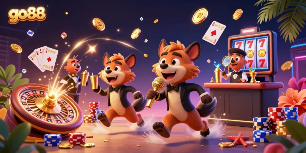 Engage with go88's vibrant casino experience featuring playful hyenas in a dynamic gaming atmosphere.