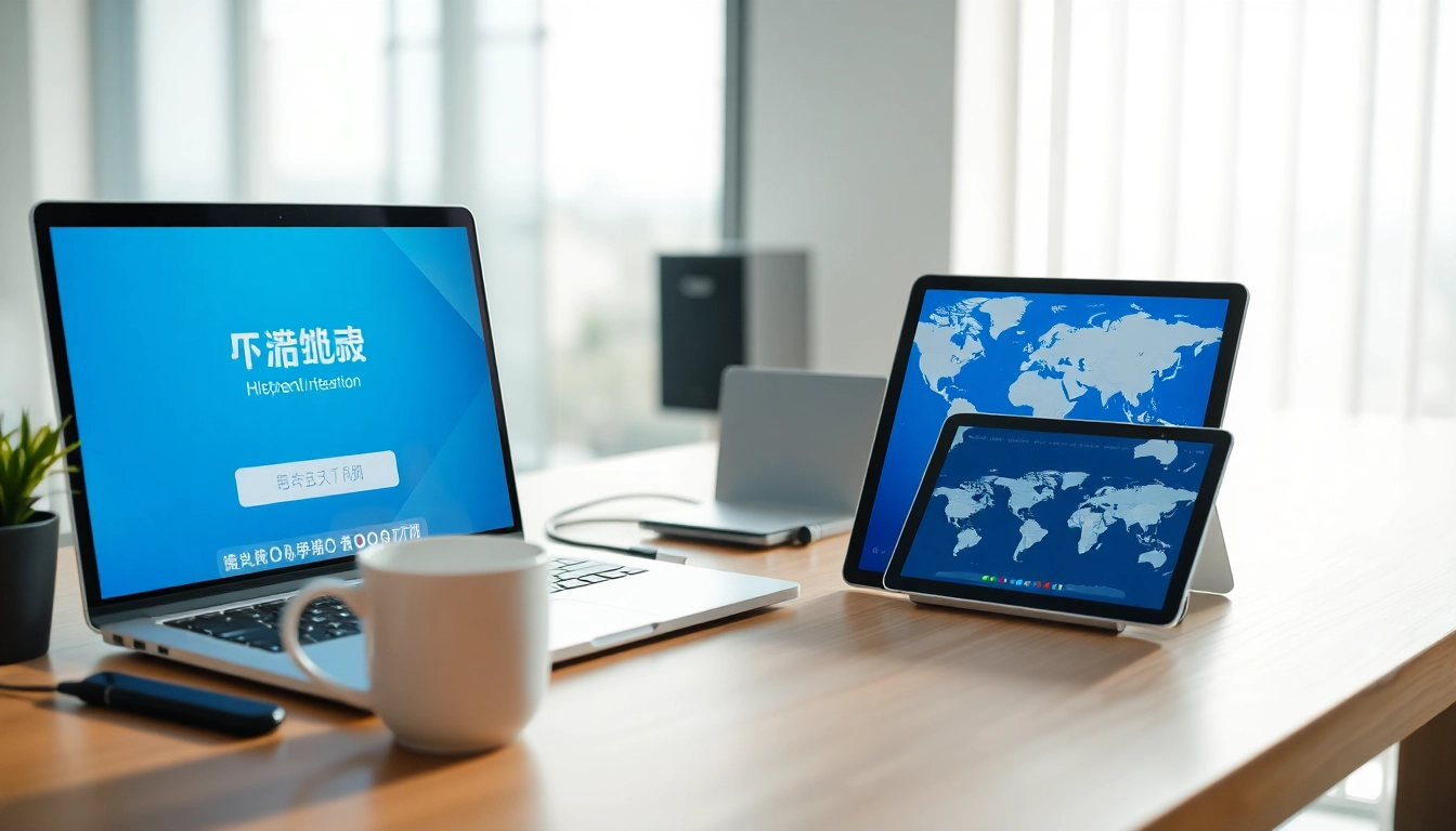 快连下载 interface displayed on multiple devices in a modern workspace highlighting connectivity.