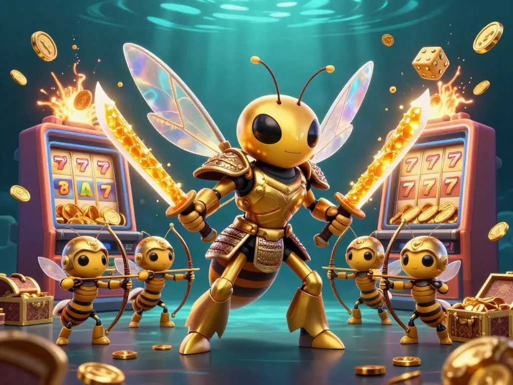 Engage with nbet's golden samurai hornet amidst slot machines and jackpots in an exhilarating casino scene.