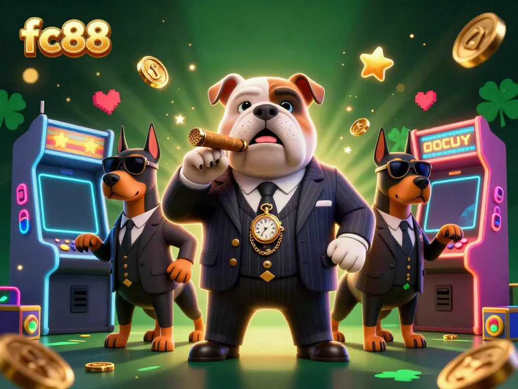 Engage with fc88's vibrant visualization featuring a mafia bulldog and Doberman bodyguards amidst casino gaming elements.